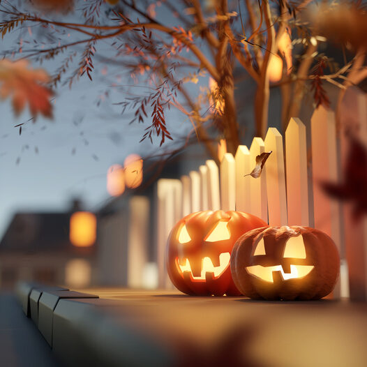 Glowing Jack O Lantern Halloween pumpkin decorations at dusk outside on a suburban street pavement. 3D illustration.