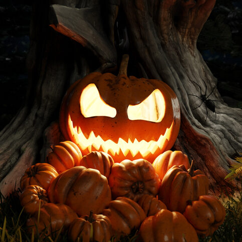 Happy Halloween Jack-o-lantern glowing pumpkins in the forest, day of the dead fabulous fantasy landscape, horror mystery. 3d render